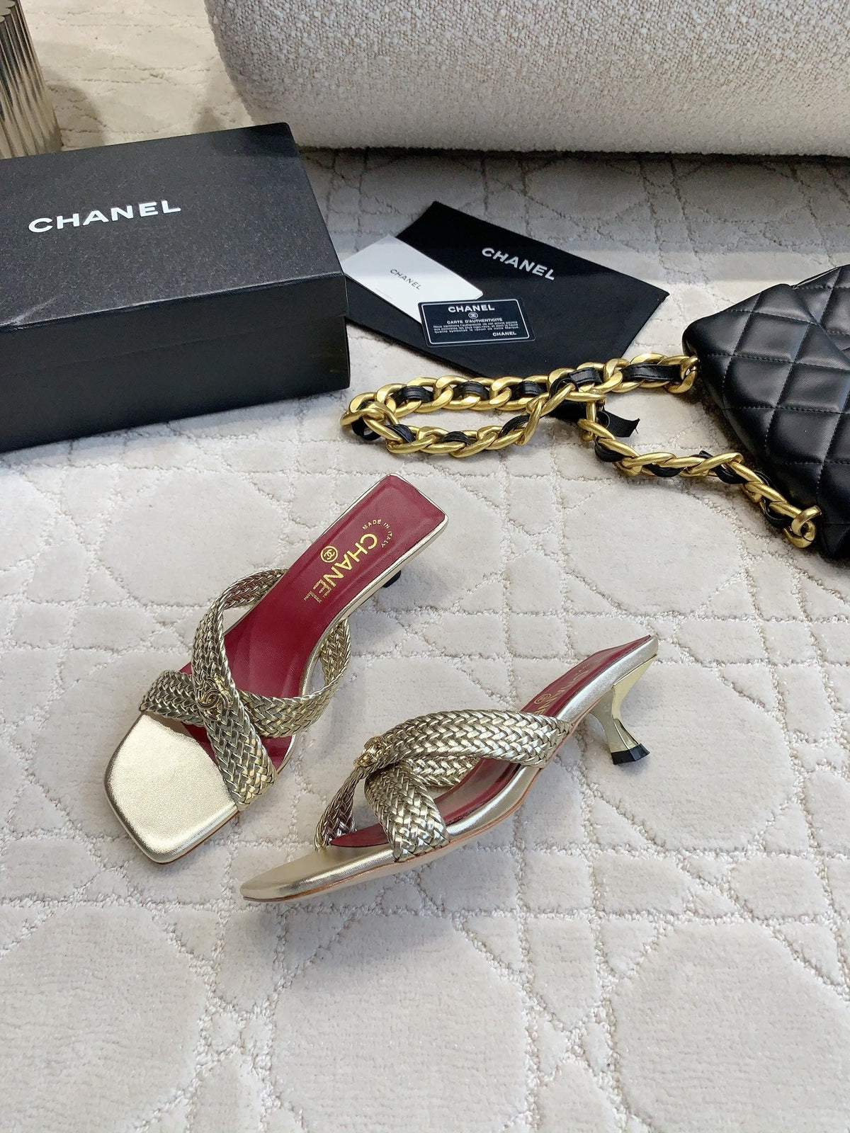 CC Cross Sandal Gold Woven Kitten Lambskin 808088