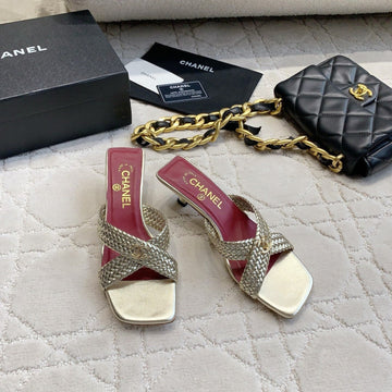 CC Cross Sandal Gold Woven Kitten Lambskin 808088