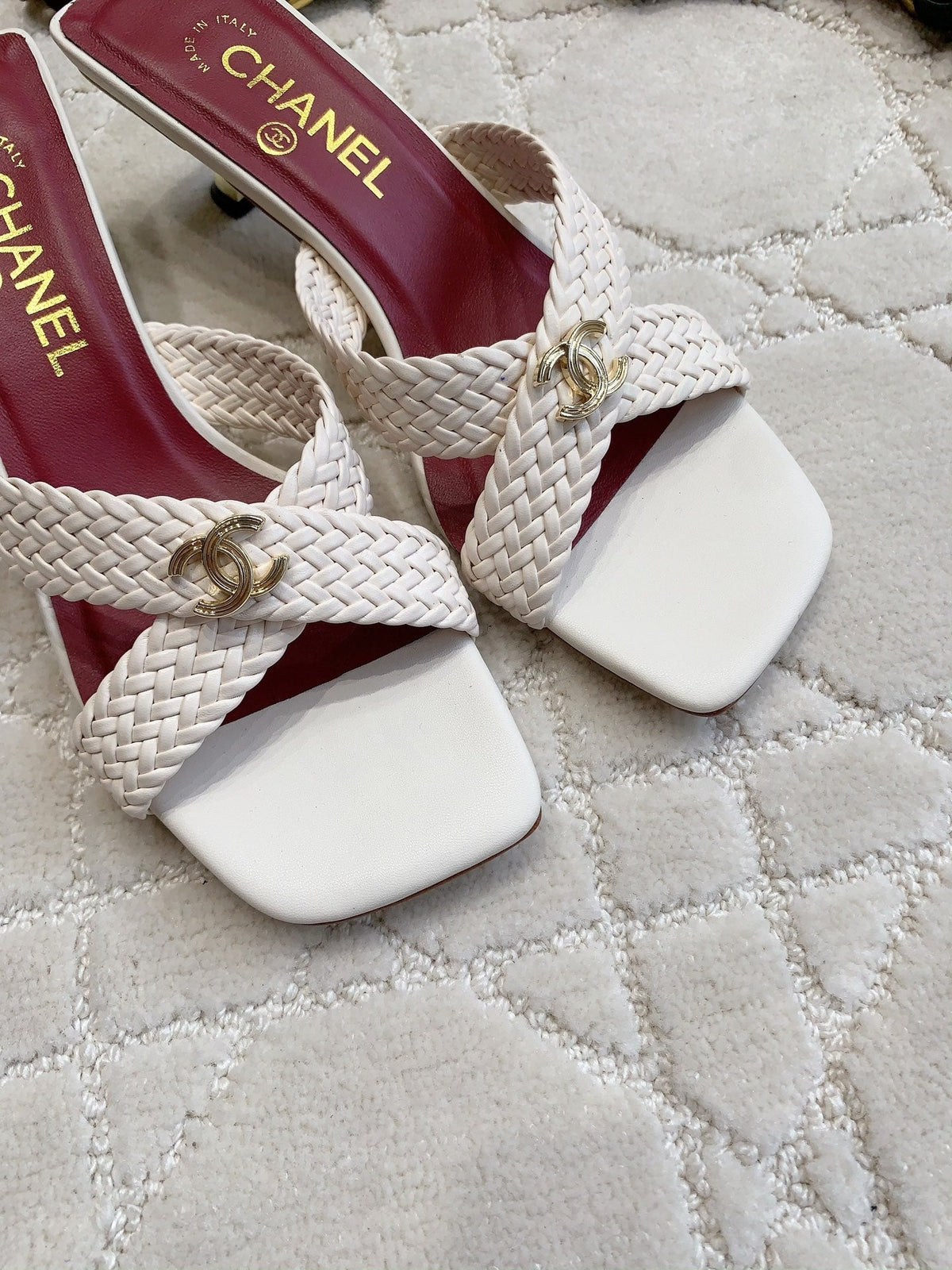 CC Cross Sandal White Woven Kitten Lambskin 808090