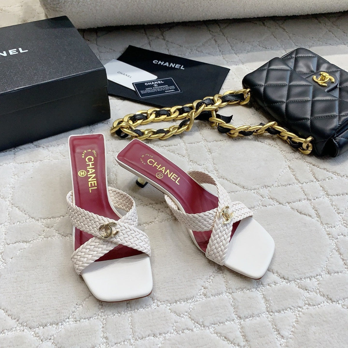 CC Cross Sandal White Woven Kitten Lambskin 808090