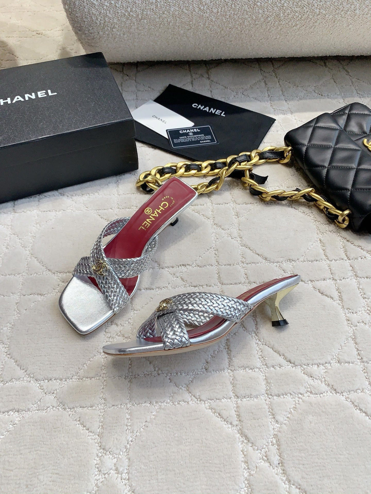 CC Cross Sandal Sliver Woven Kitten Lambskin 808089