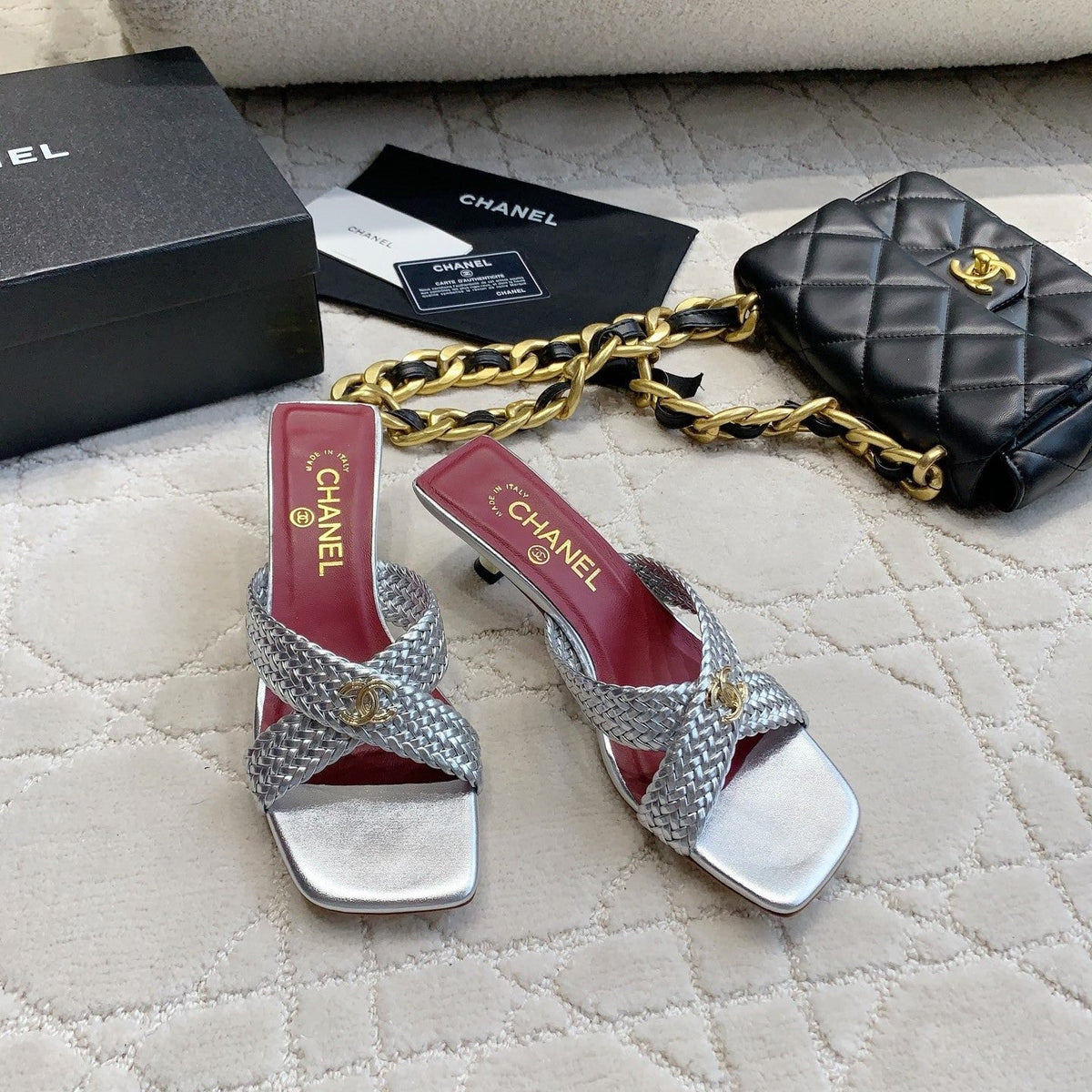 CC Cross Sandal Sliver Woven Kitten Lambskin 808089
