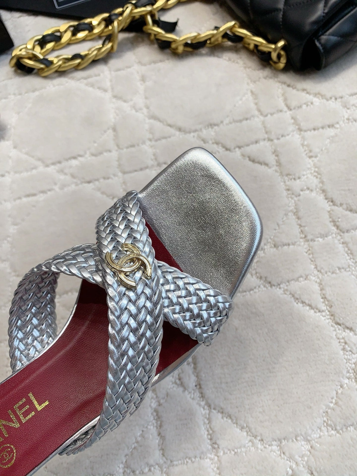 CC Cross Sandal Sliver Woven Kitten Lambskin 808089