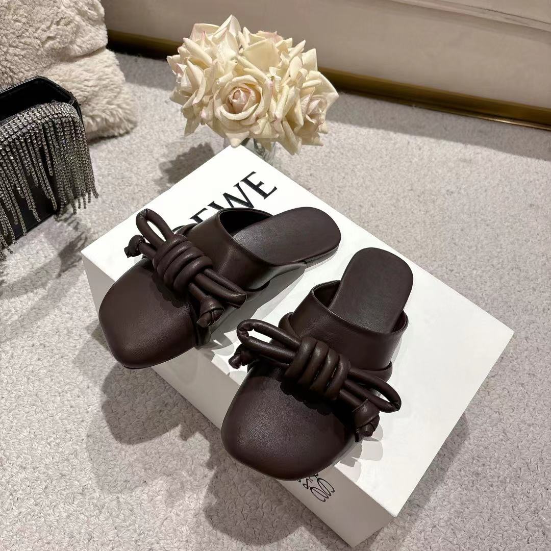 Loewe Flamenco Knot Mule Chocolate Sheepskin 664826