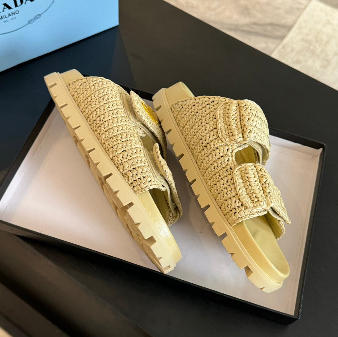 PRA RAFFIA CORK SLIDE PASTEL YELLOW CALFSKIN