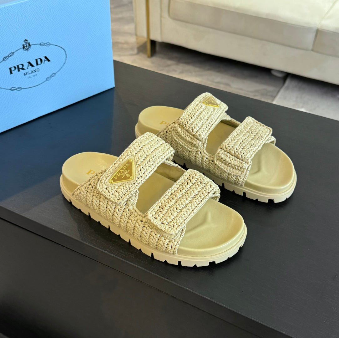 PRA RAFFIA CORK SLIDE PASTEL YELLOW CALFSKIN