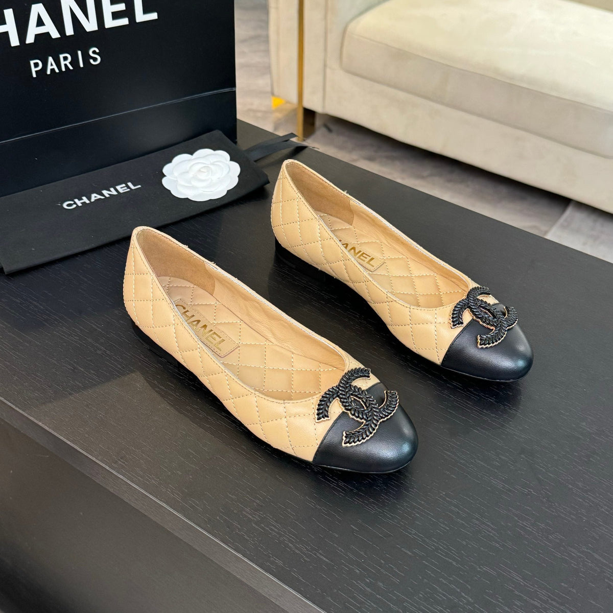 ballet flat beige quilted lambskin large black cc logo