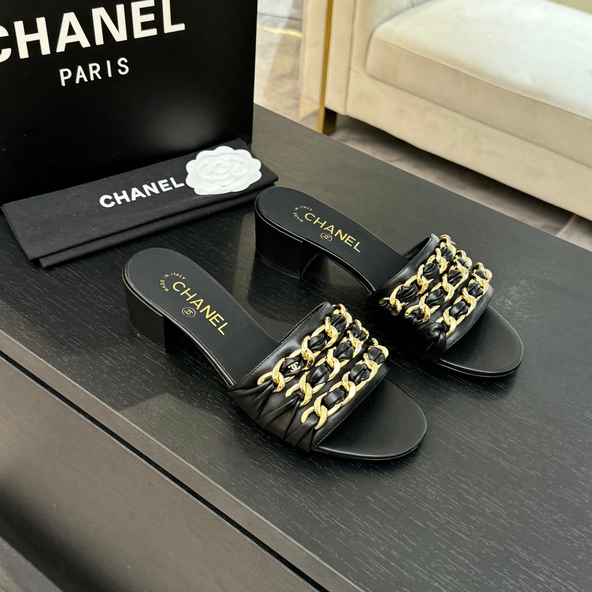 CC 25B Heel Mule Sandals 50mm Black Sheepskin With Chain 373819