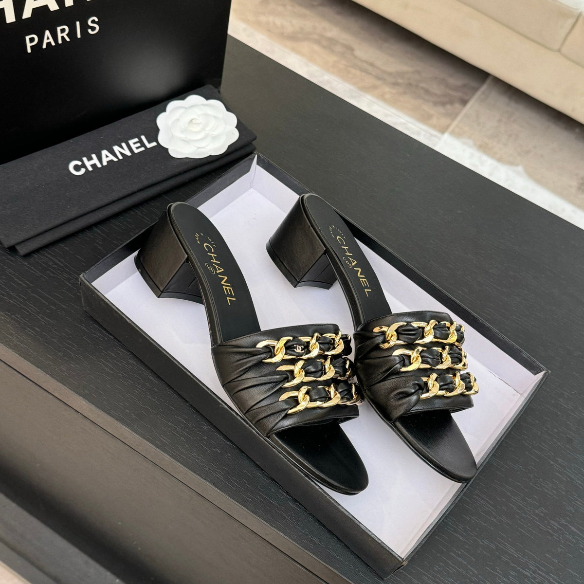 CC 25B Heel Mule Sandals 50mm Black Sheepskin With Chain 373819