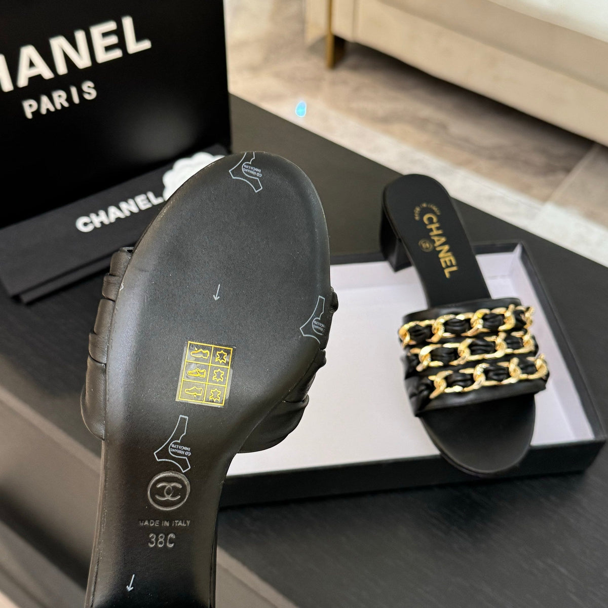 CC 25B Heel Mule Sandals 50mm Black Sheepskin With Chain 373819