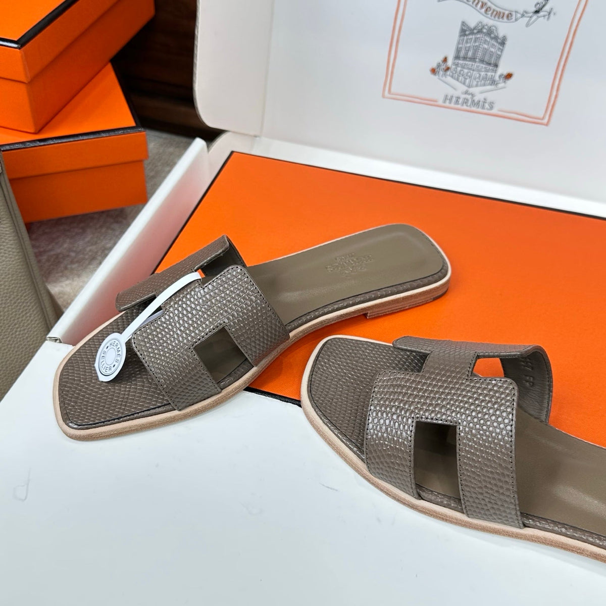 HM Oran Sandal Coffee Embossed Lizard Leather 802366
