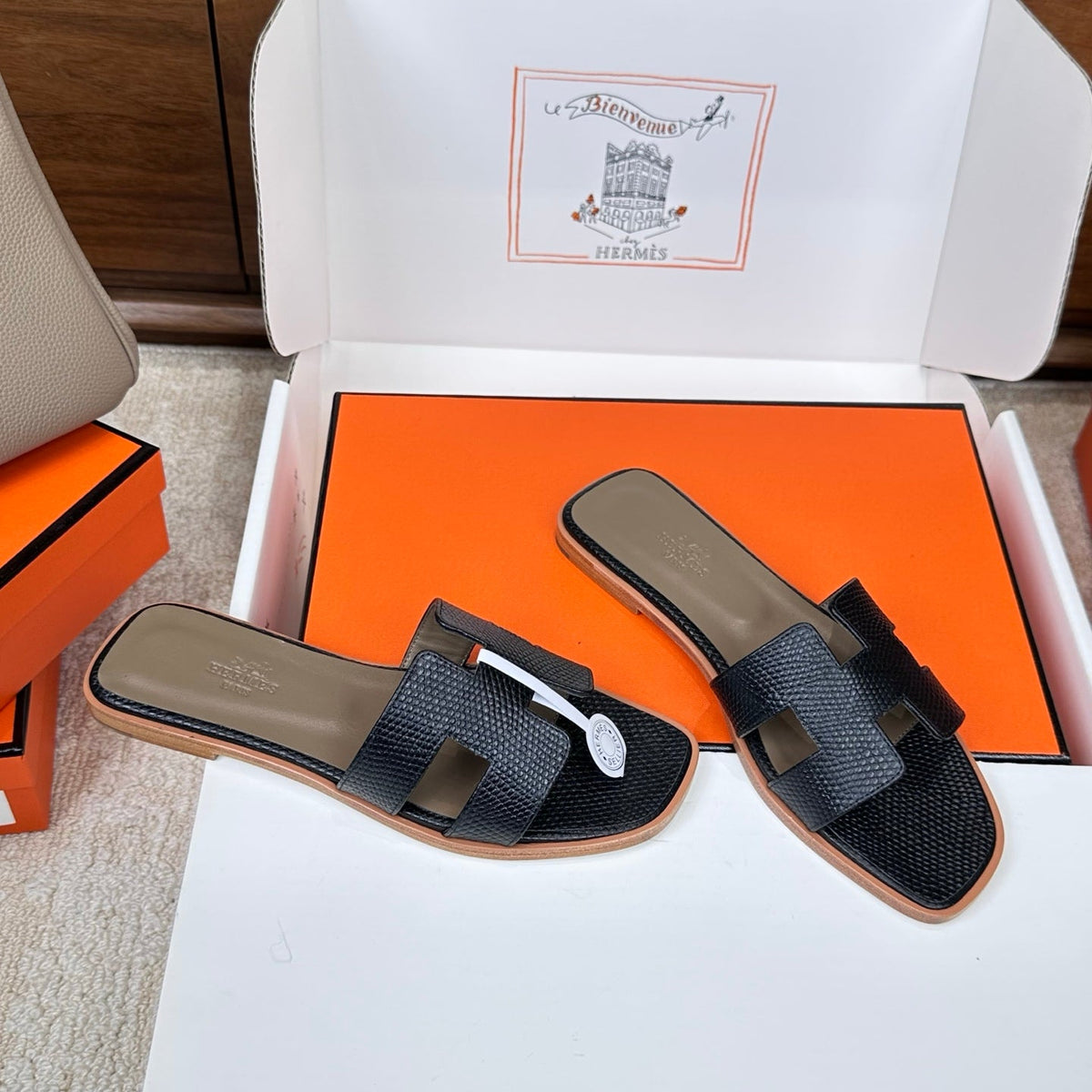 HM Oran Sandal Black Embossed Lizard Leather 802370