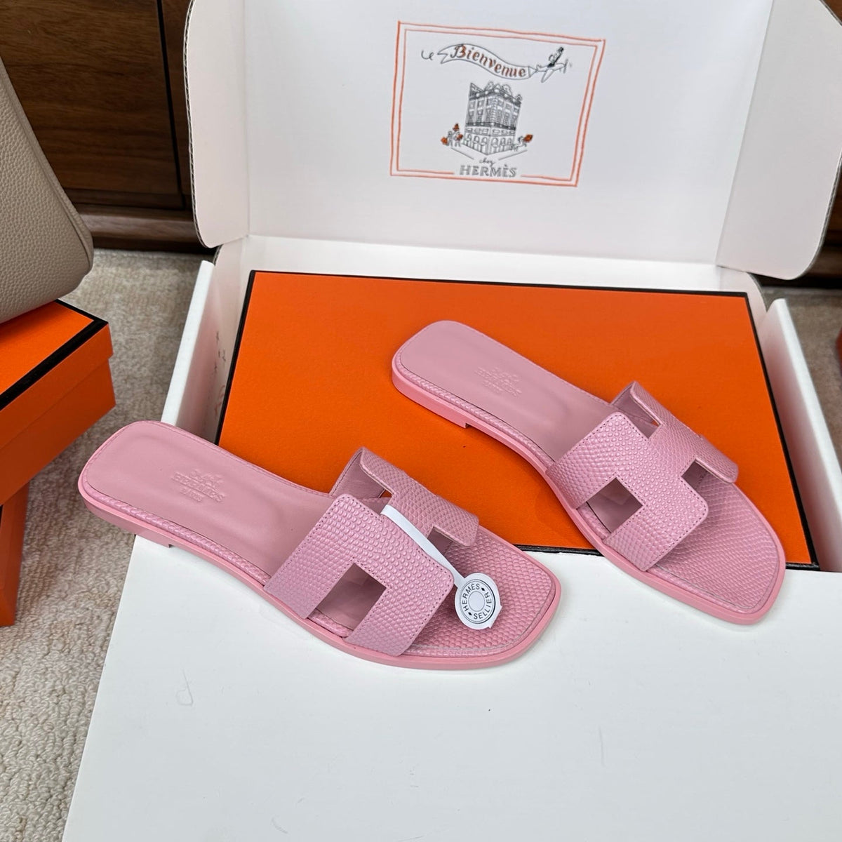 HM Oran Sandal Pink Embossed Lizard Leather 802372