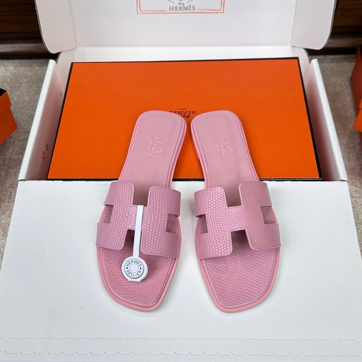 HM Oran Sandal Pink Embossed Lizard Leather 802372