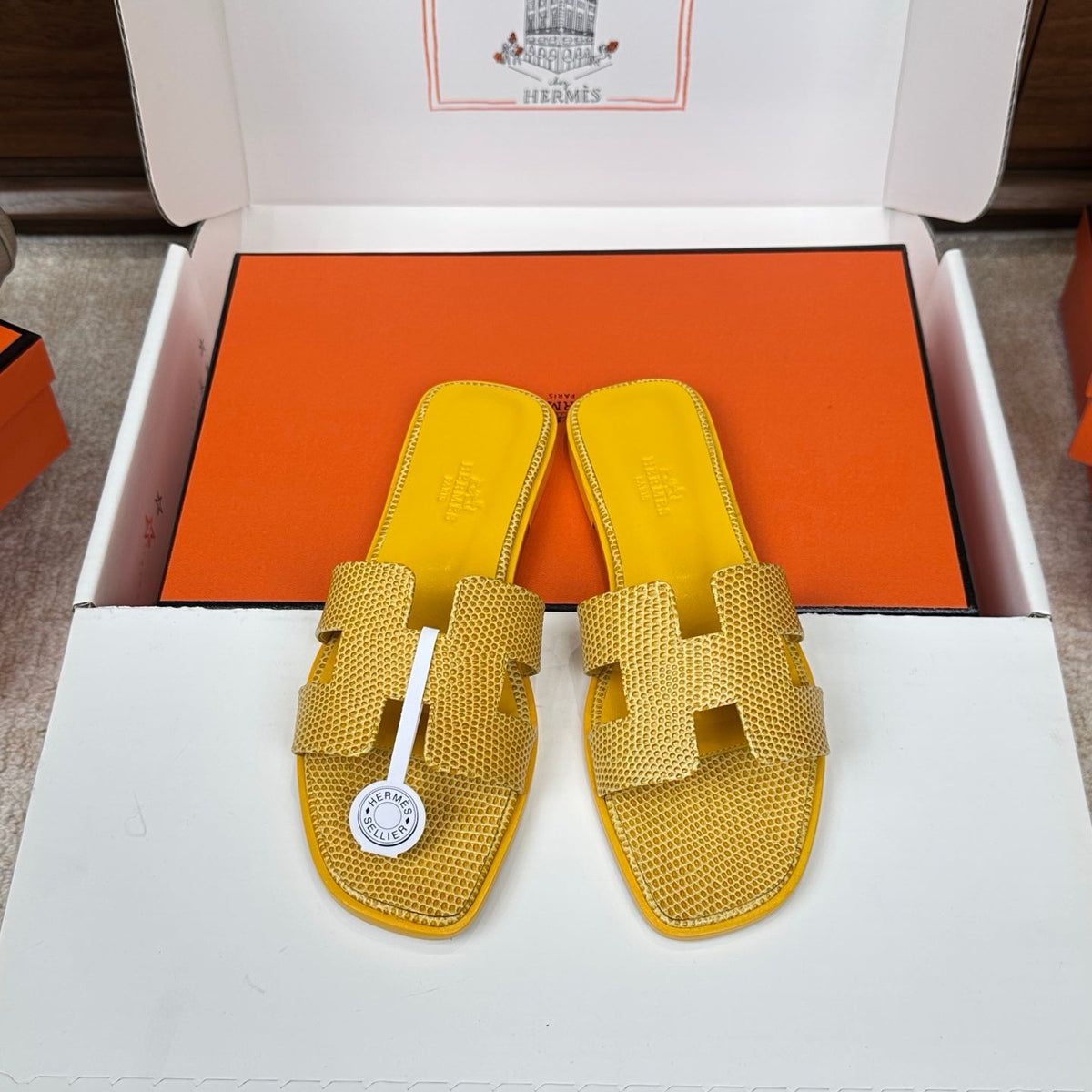 HM Oran Sandal Yellow Embossed Lizard Leather 802374