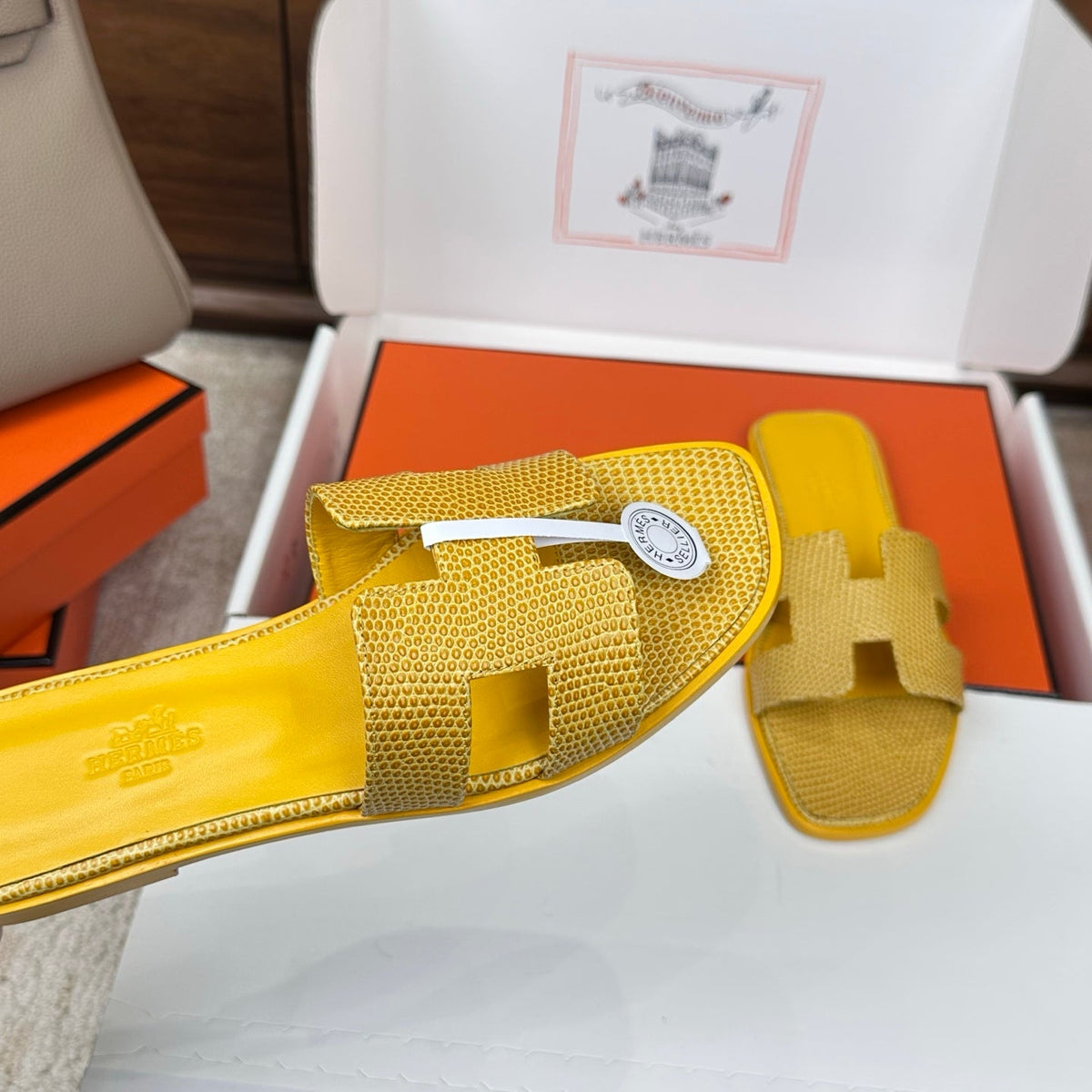 HM Oran Sandal Yellow Embossed Lizard Leather 802374