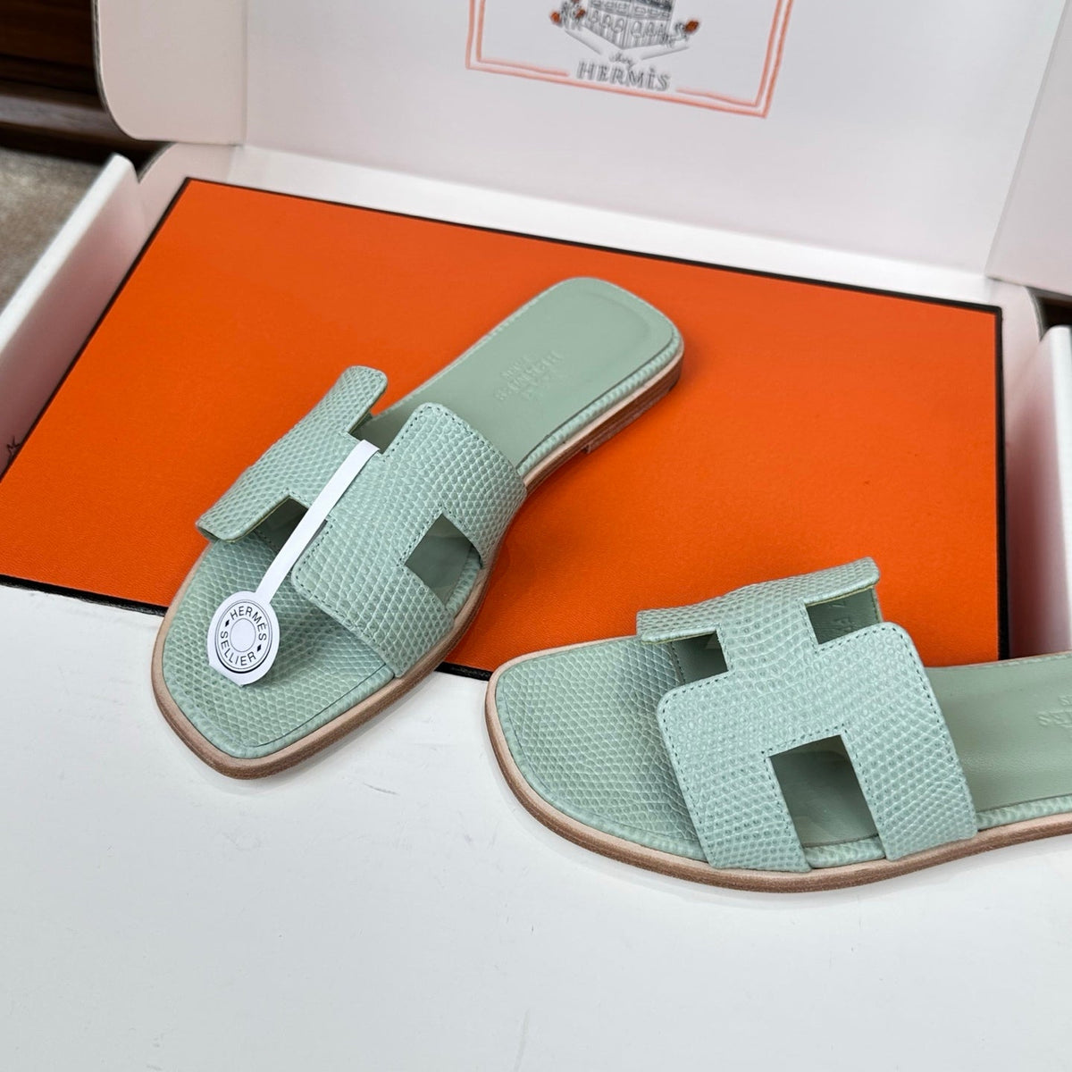 HM Oran Sandal Sage Green Embossed Lizard Leather 802375