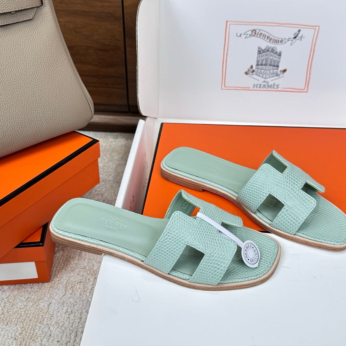 HM Oran Sandal Sage Green Embossed Lizard Leather 802375
