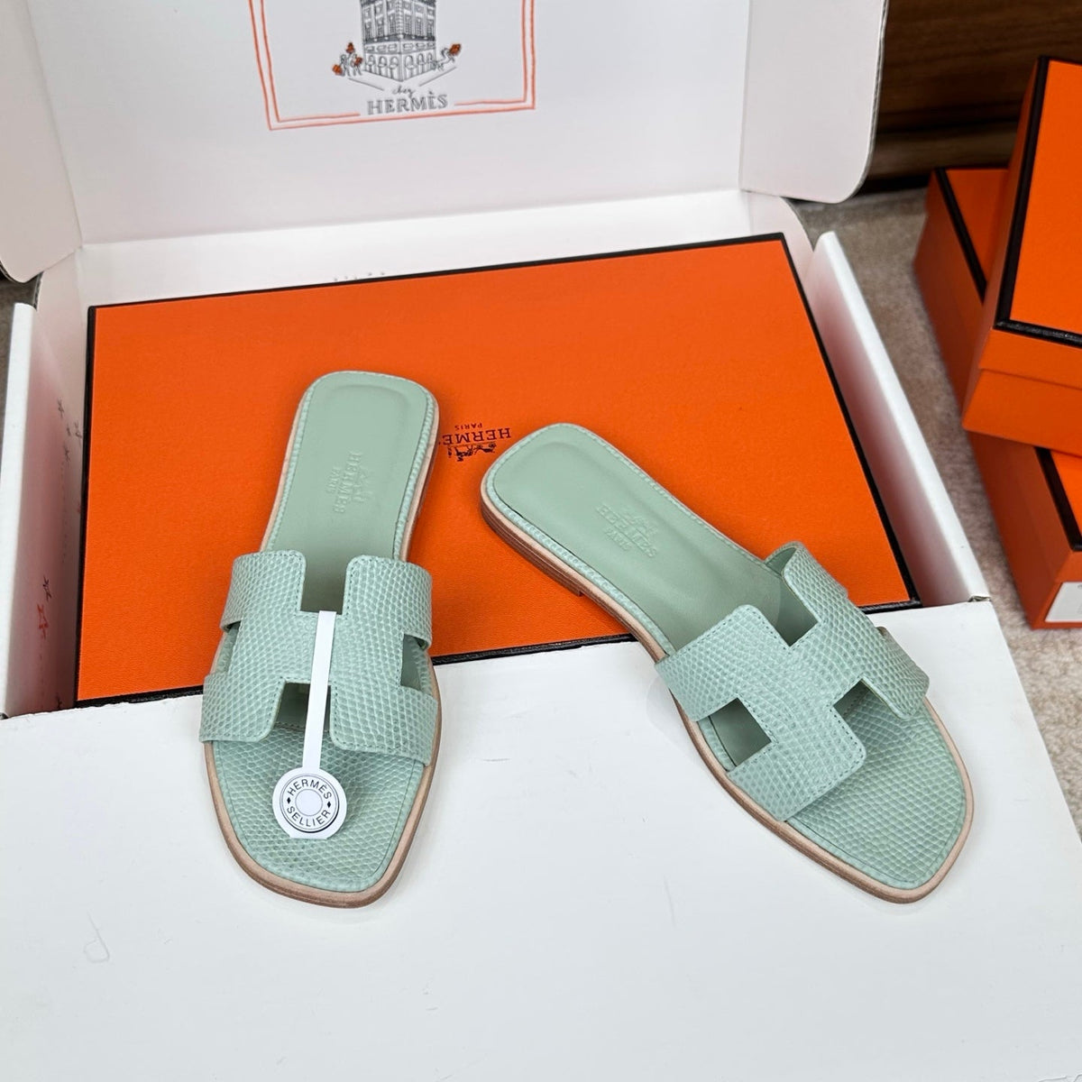 HM Oran Sandal Sage Green Embossed Lizard Leather 802375