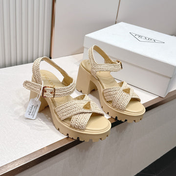 Prada 26s Monolith Sandals Beige Raffia Rubber 838136