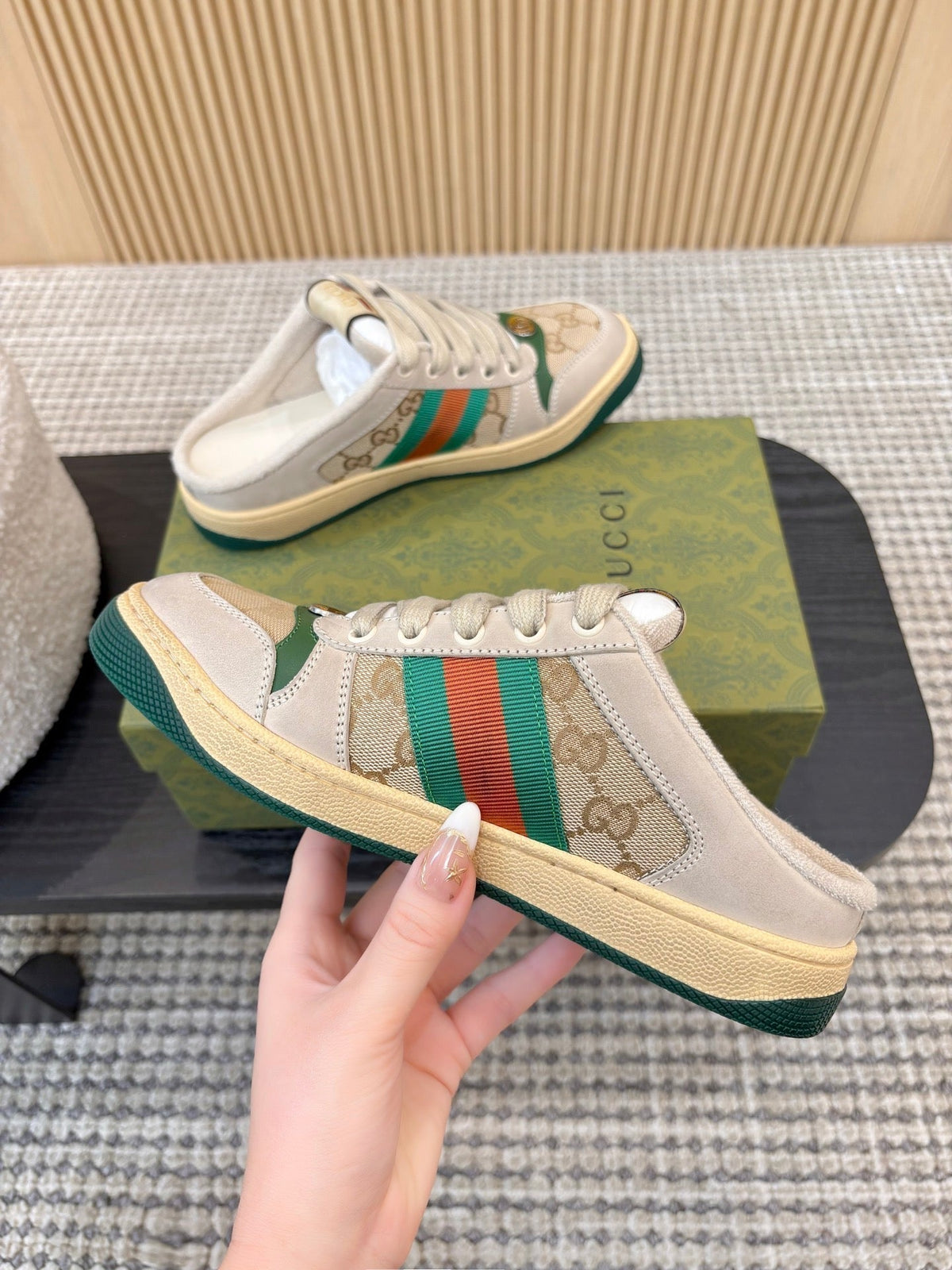 Gucci 26s Backless Sneakers In Beige Canvas And Leather