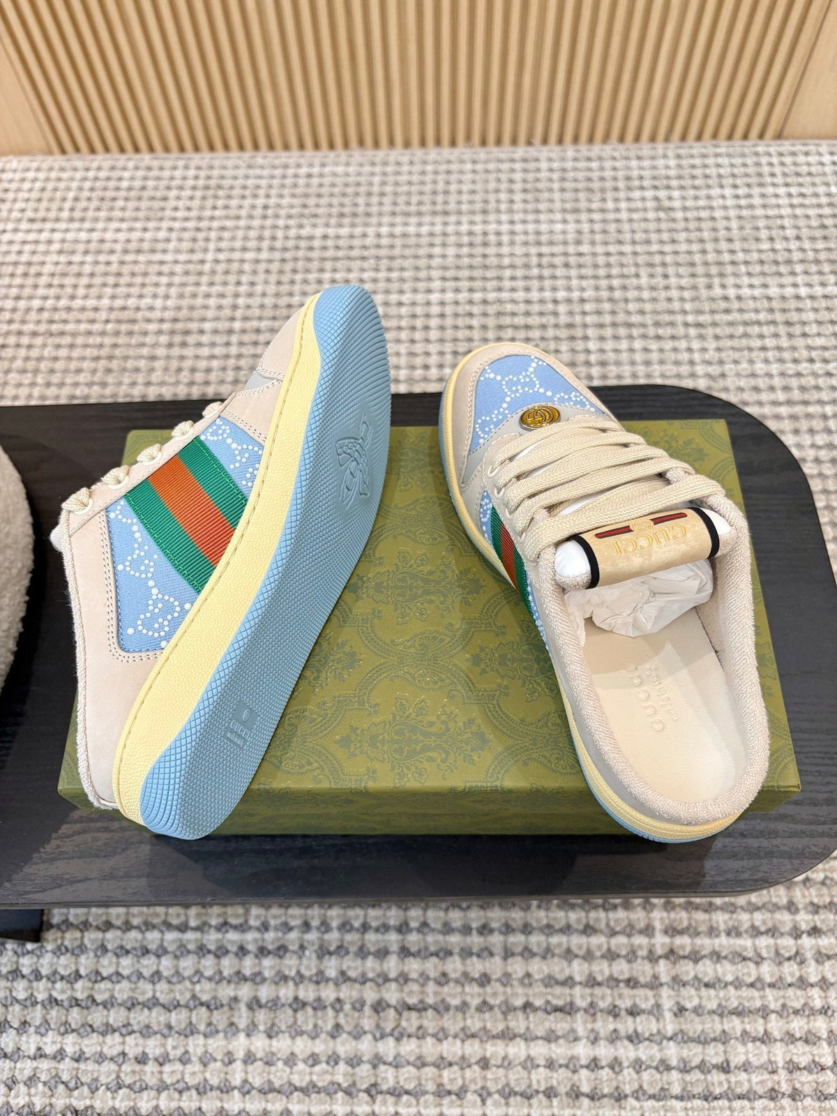Gucci 26s Backless Sneakers In Blue Canvas And Beige Leather