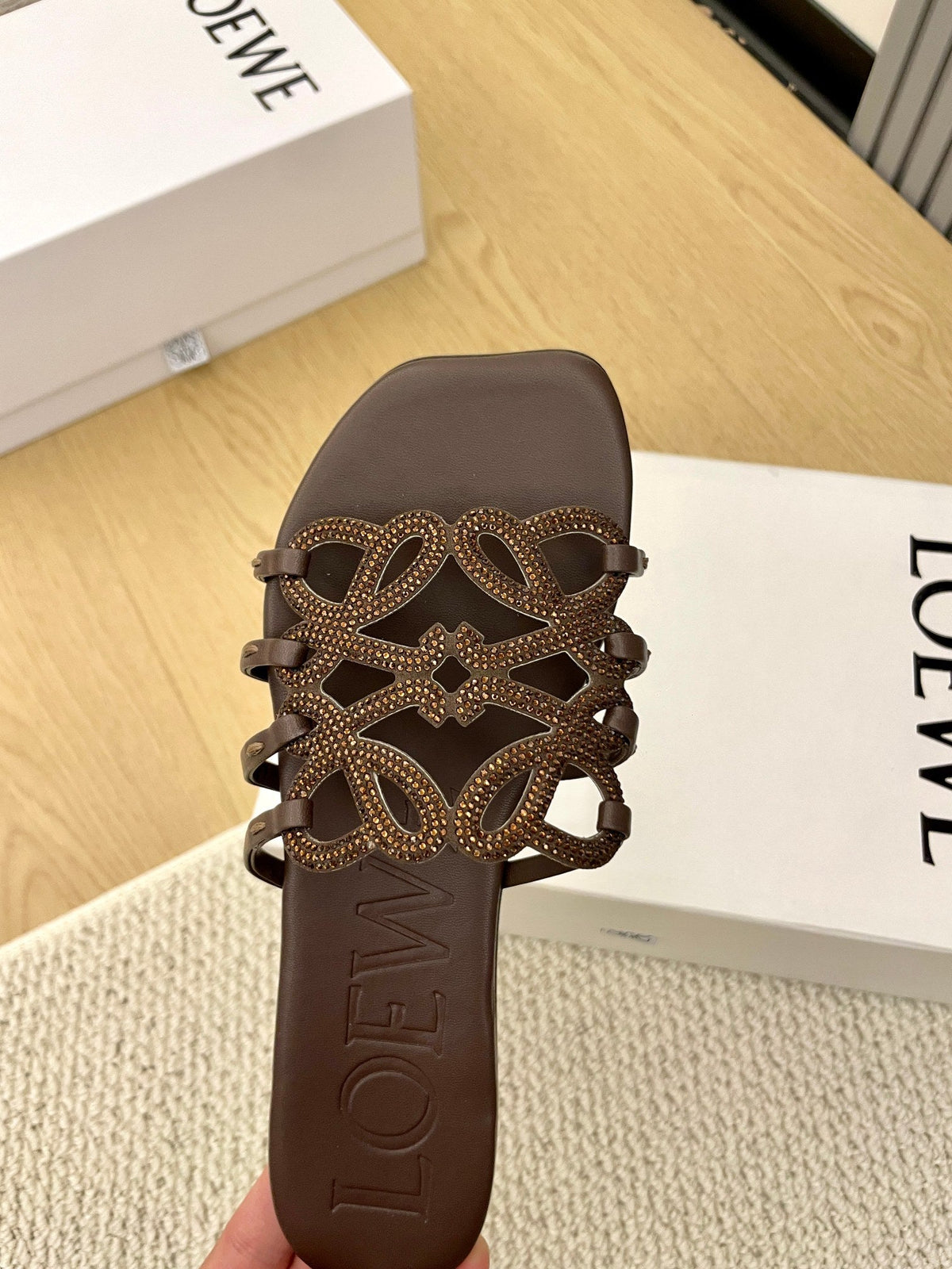 Loewe Petal Anagram Rhinestone Slides Coffee Leather 723130