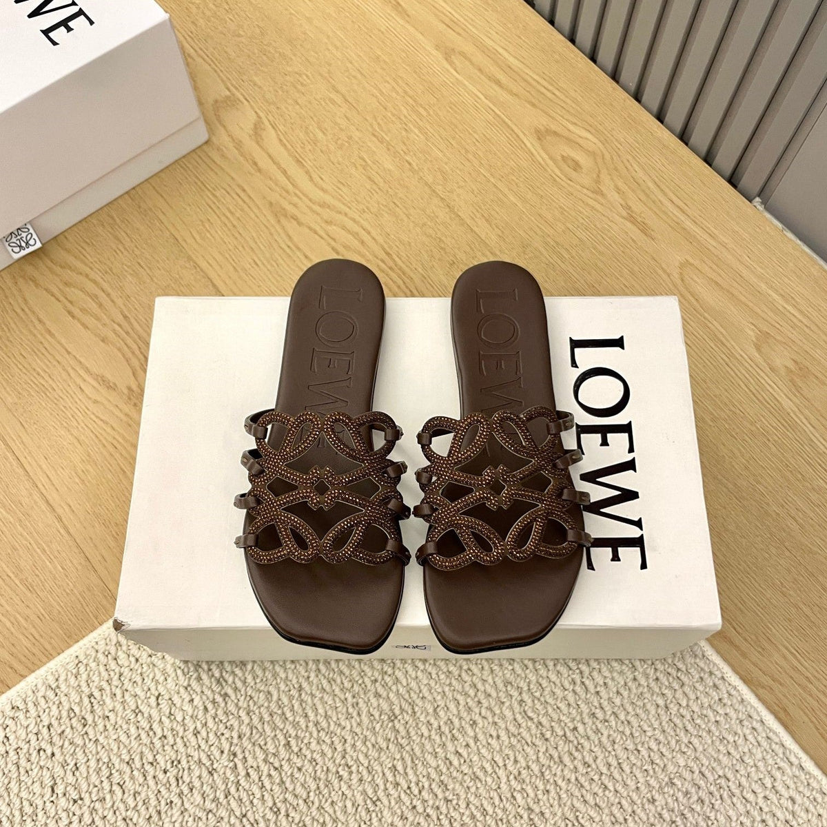 Loewe Petal Anagram Rhinestone Slides Coffee Leather 723130