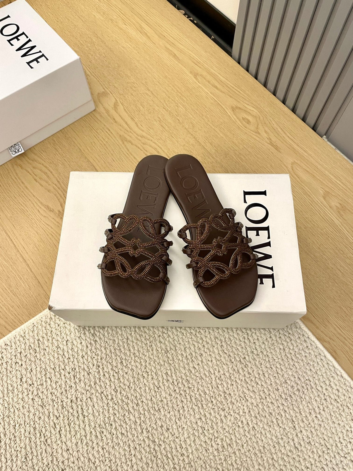 Loewe Petal Anagram Rhinestone Slides Coffee Leather 723130