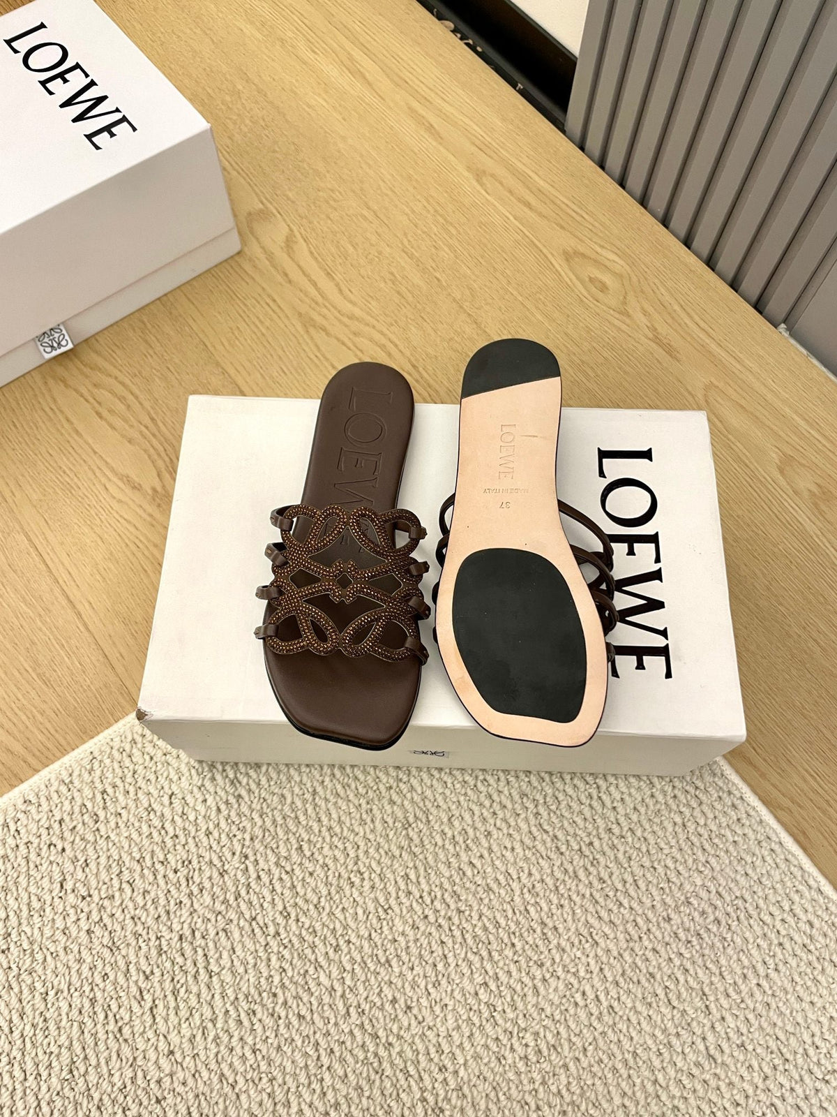Loewe Petal Anagram Rhinestone Slides Coffee Leather 723130