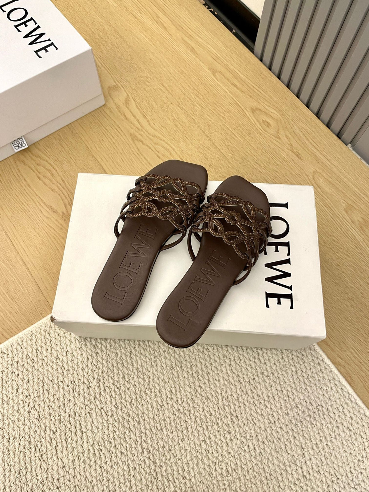 Loewe Petal Anagram Rhinestone Slides Coffee Leather 723130