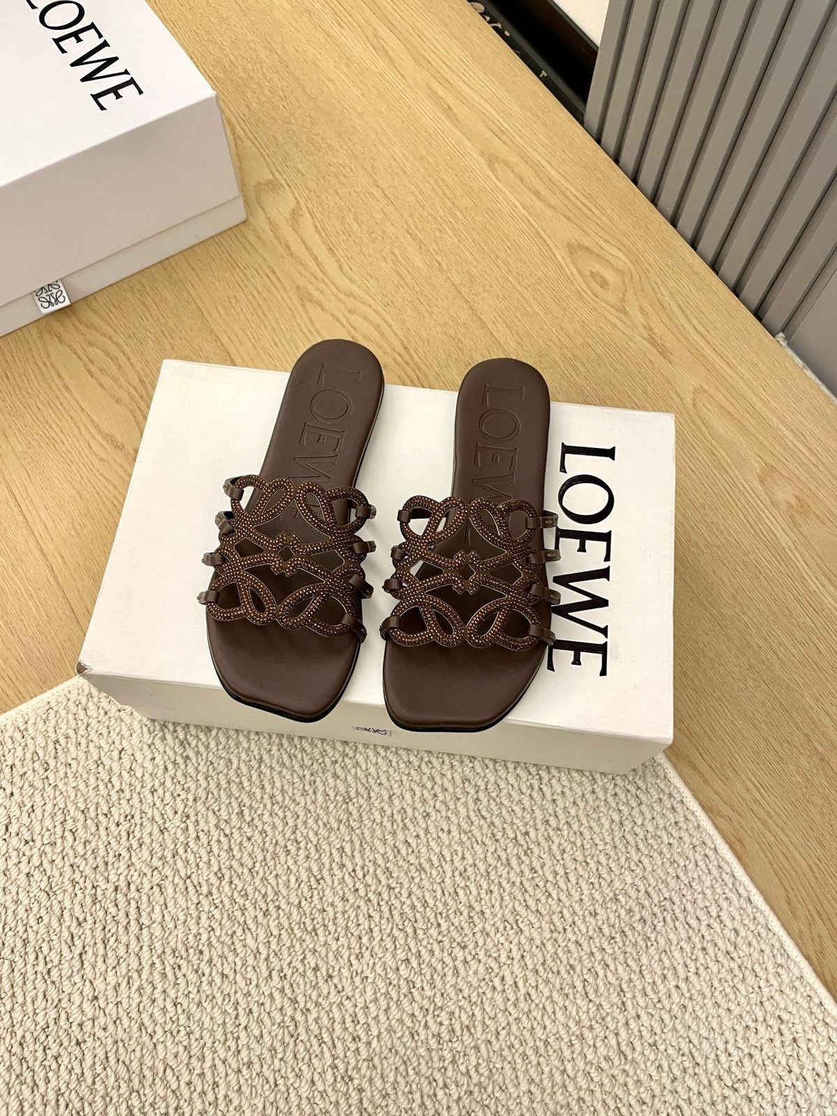 Loewe Petal Anagram Rhinestone Slides Coffee Leather 723130