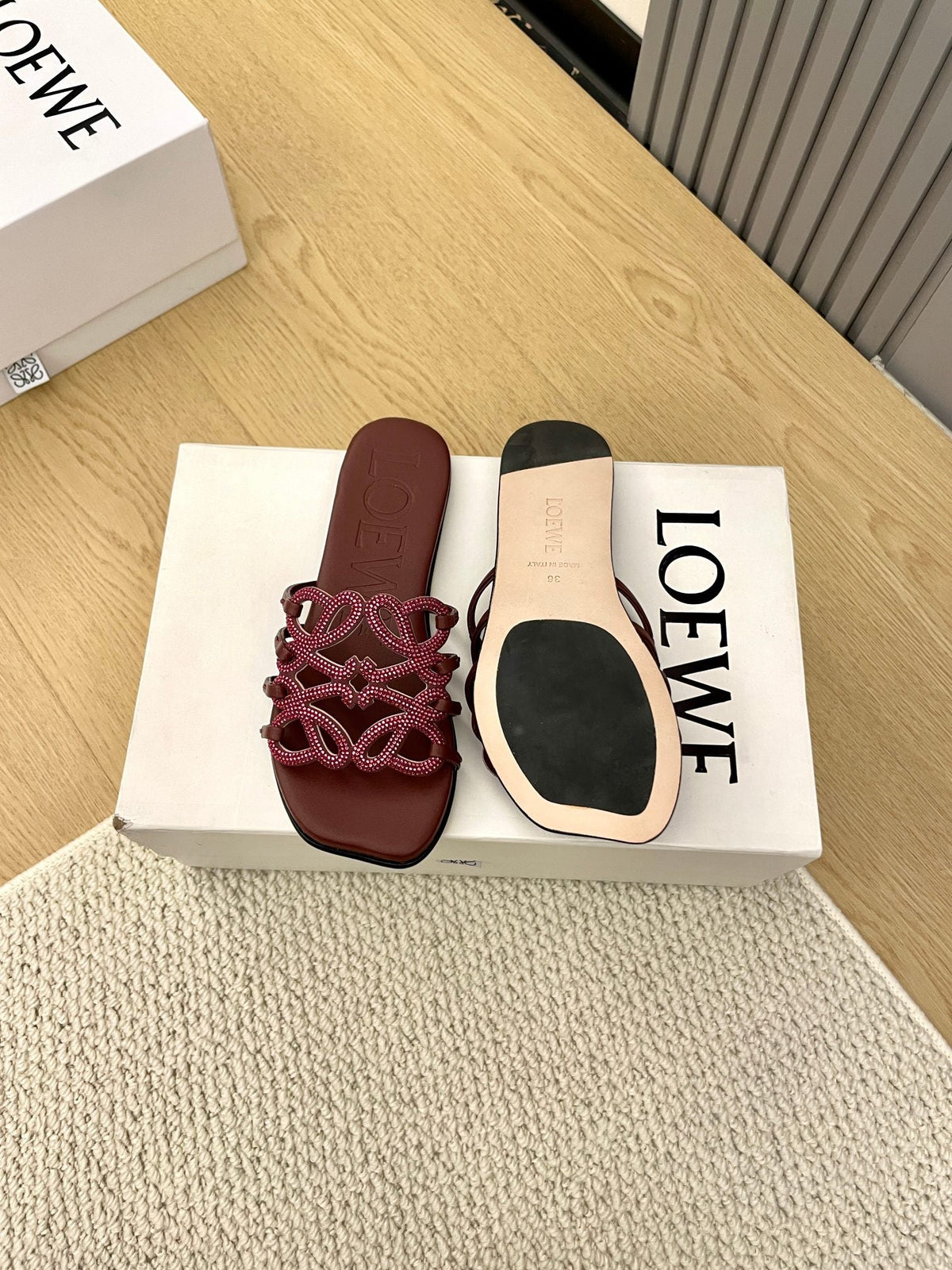 Loewe Petal Anagram Rhinestone Slides Burgundy Leather 723131