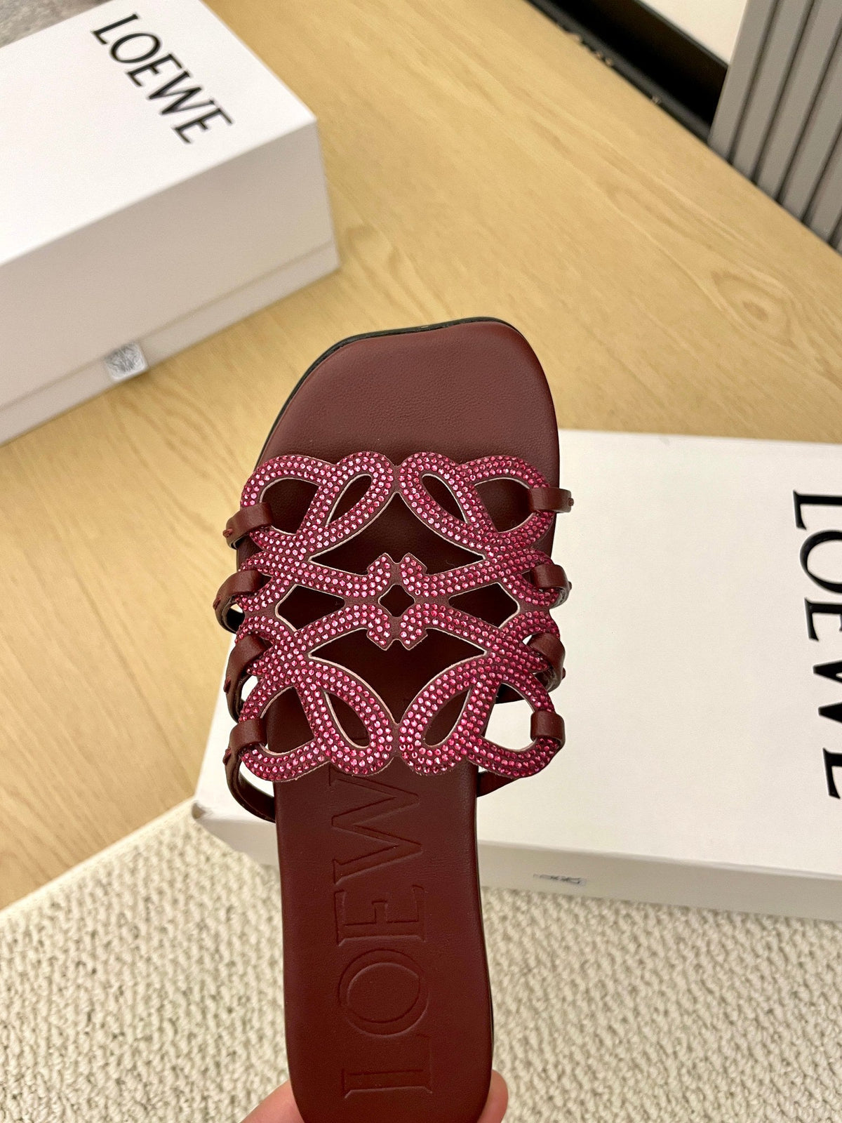 Loewe Petal Anagram Rhinestone Slides Burgundy Leather 723131