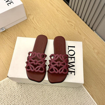 Loewe Petal Anagram Rhinestone Slides Burgundy Leather 723131