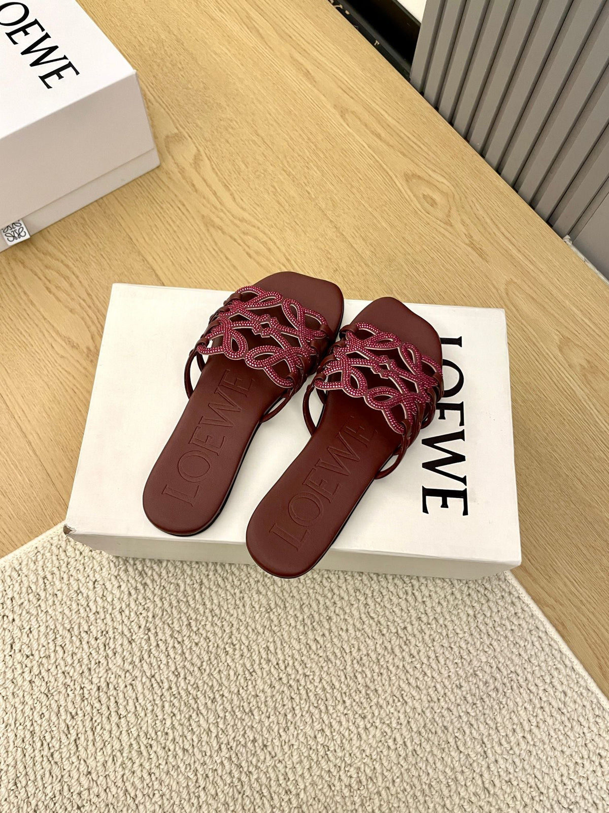 Loewe Petal Anagram Rhinestone Slides Burgundy Leather 723131