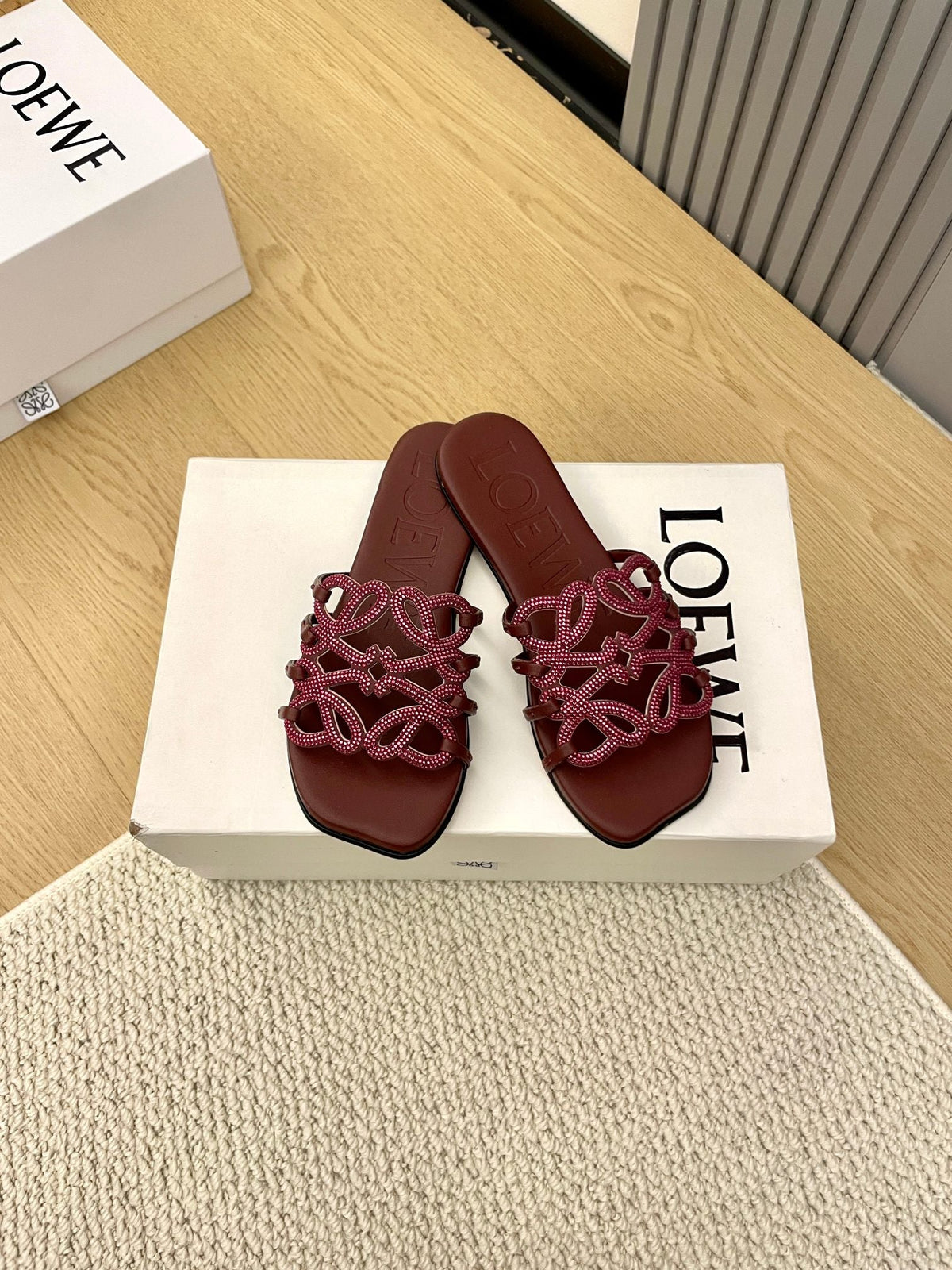 Loewe Petal Anagram Rhinestone Slides Burgundy Leather 723131