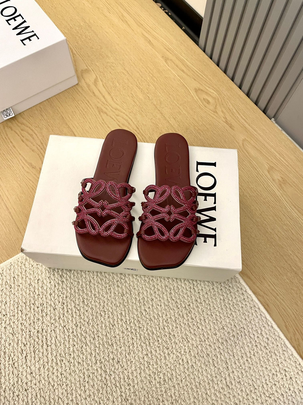 Loewe Petal Anagram Rhinestone Slides Burgundy Leather 723131