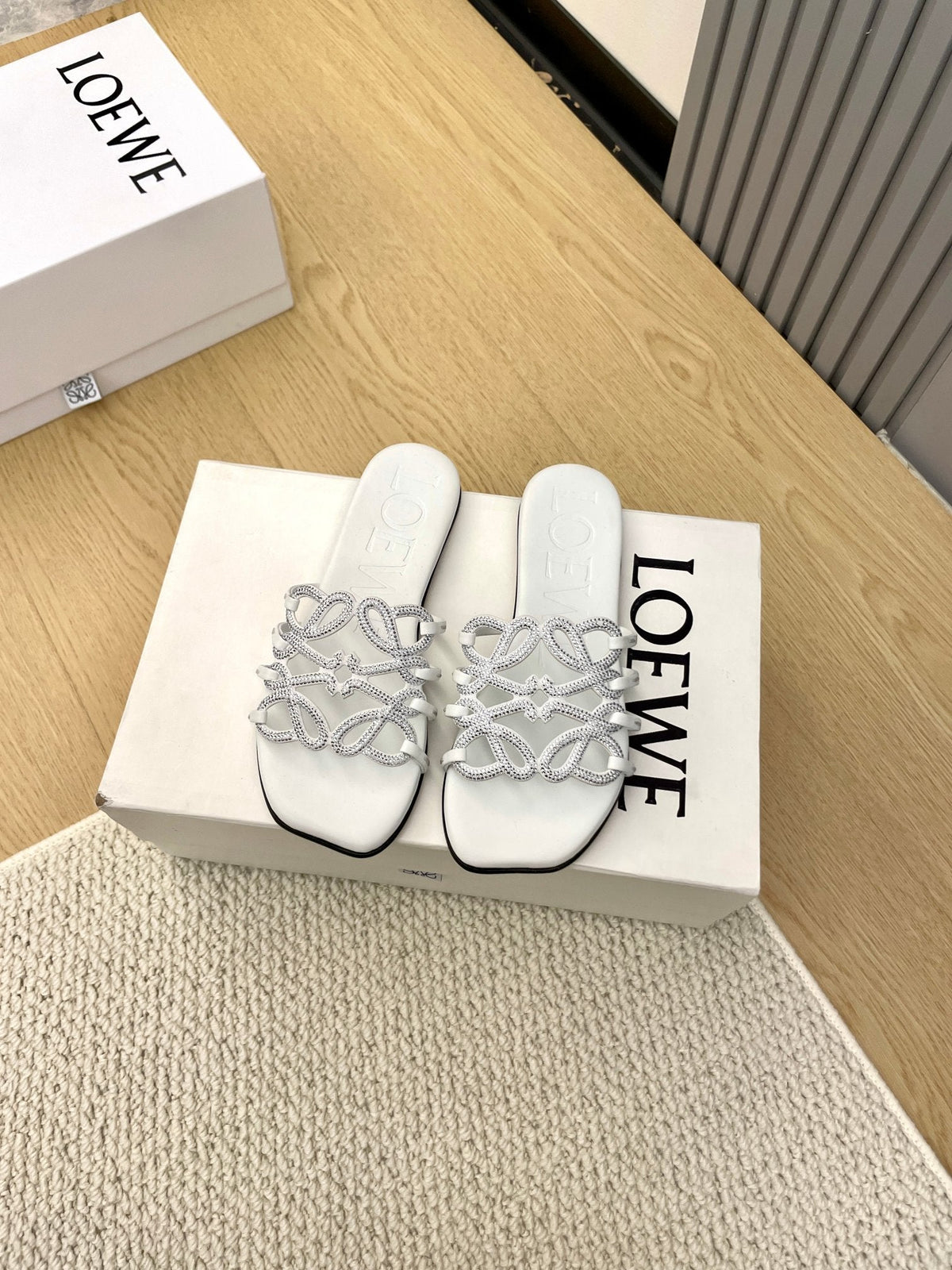 Loewe Petal Anagram Rhinestone Slides White Leather 723133