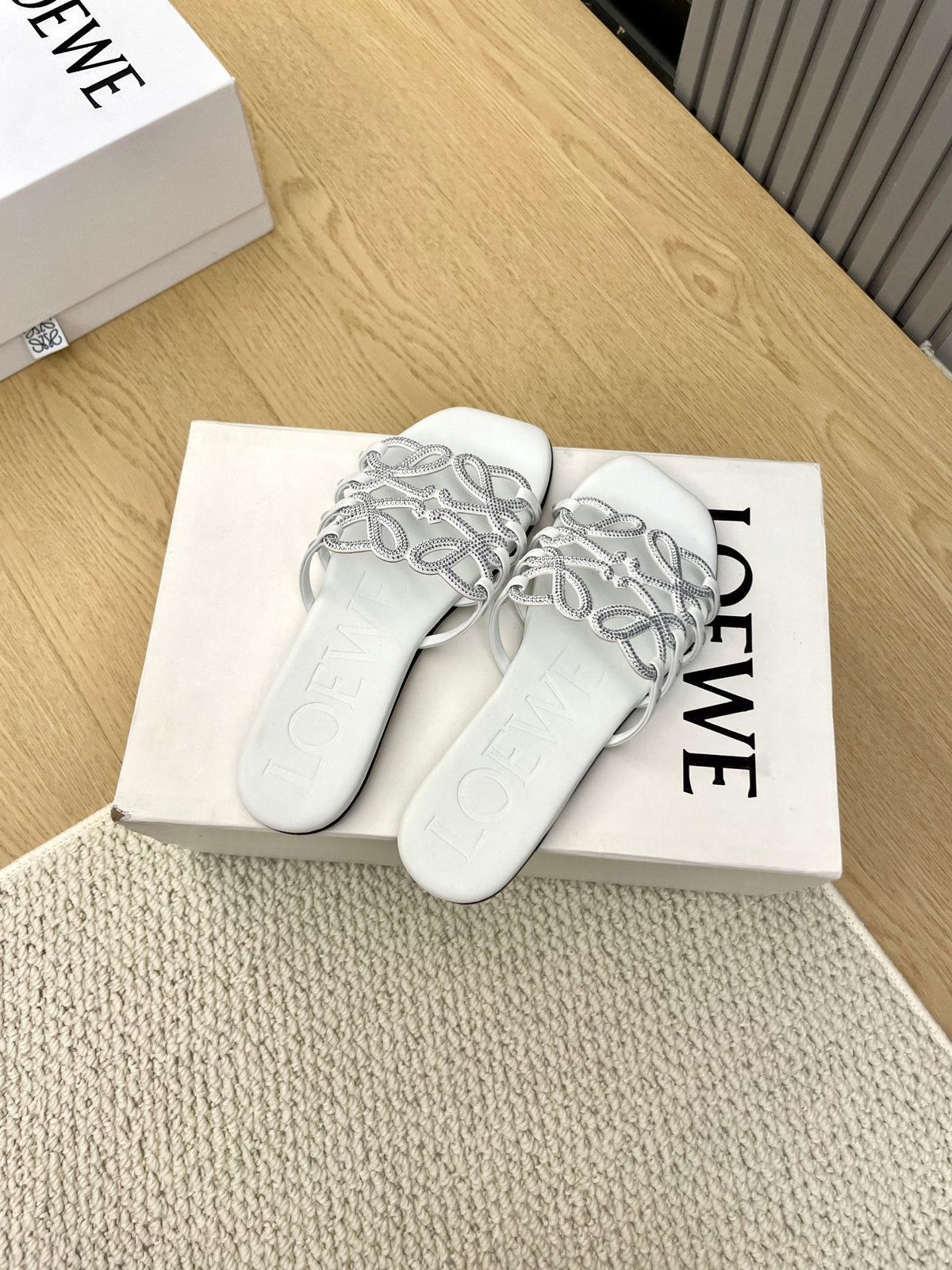Loewe Petal Anagram Rhinestone Slides White Leather 723133
