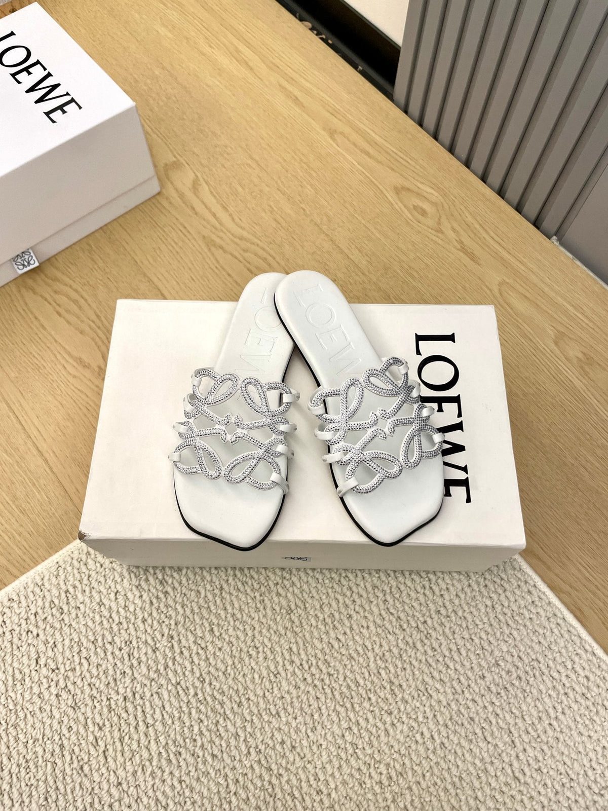 Loewe Petal Anagram Rhinestone Slides White Leather 723133
