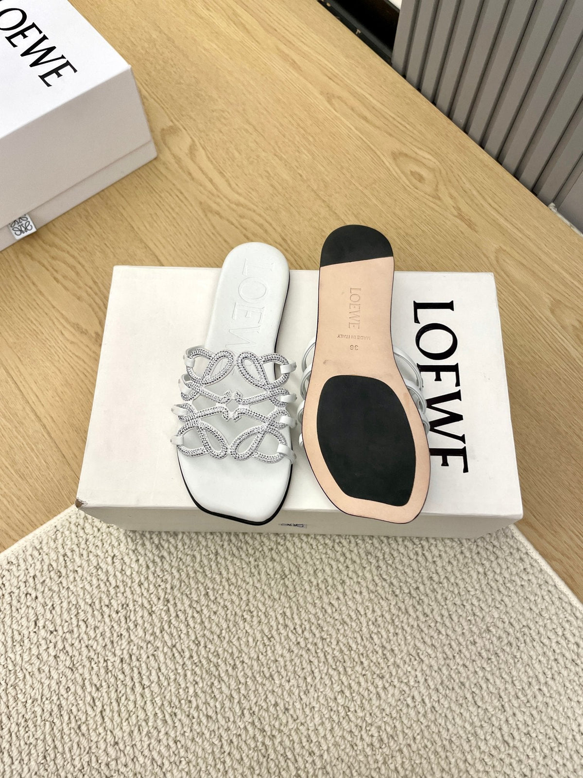 Loewe Petal Anagram Rhinestone Slides White Leather 723133