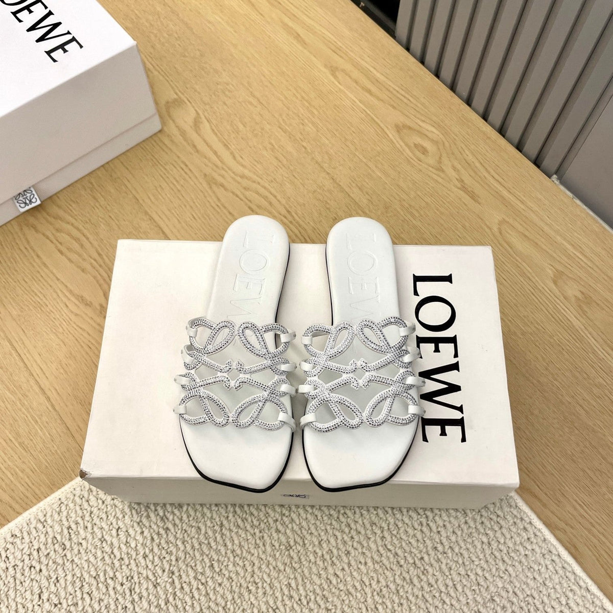 Loewe Petal Anagram Rhinestone Slides White Leather 723133