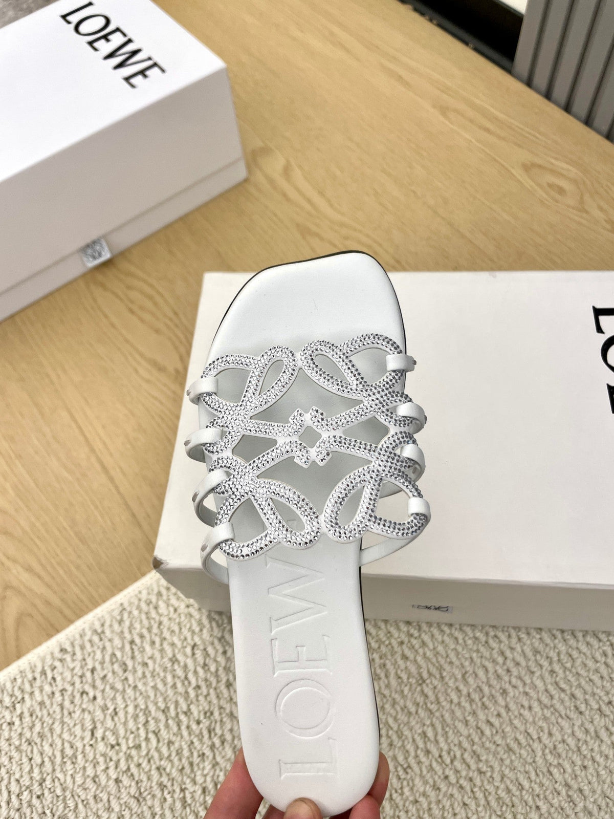Loewe Petal Anagram Rhinestone Slides White Leather 723133