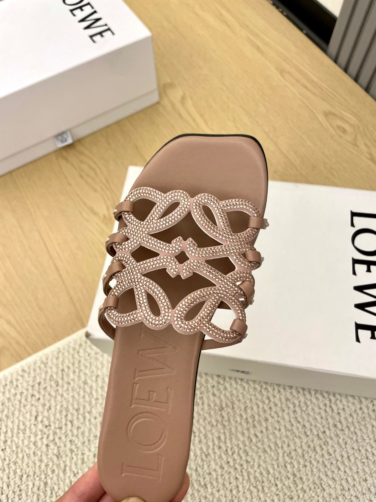 Loewe Petal Anagram Rhinestone Slides Light Brown Leather 723134
