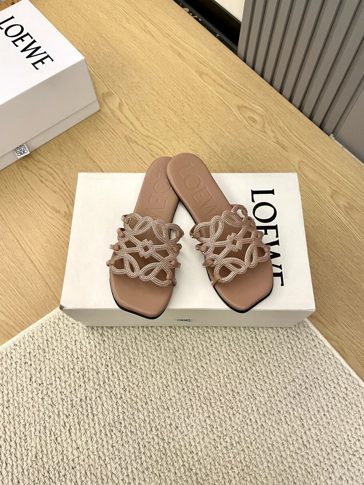 Loewe Petal Anagram Rhinestone Slides Light Brown Leather 723134