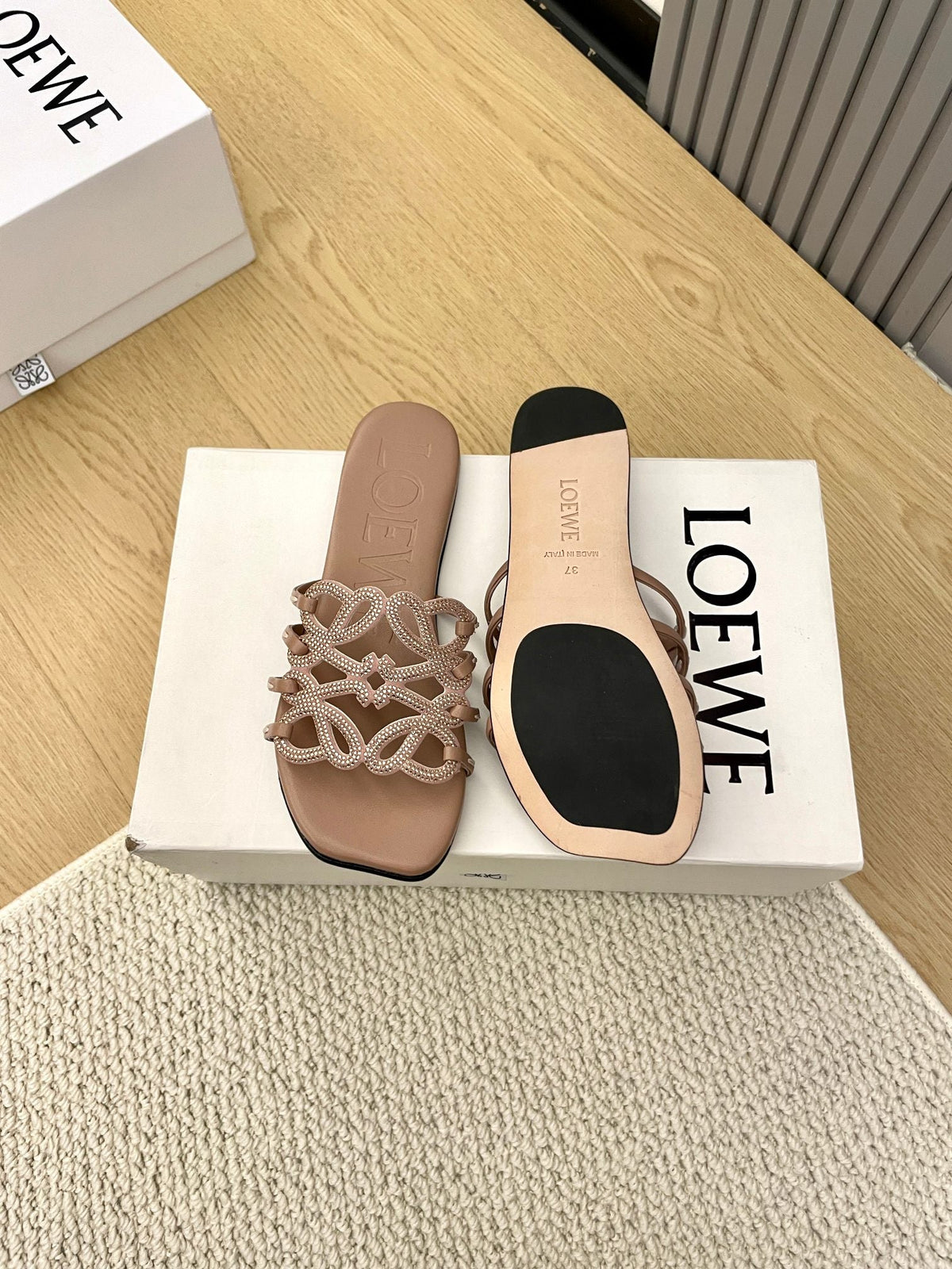 Loewe Petal Anagram Rhinestone Slides Light Brown Leather 723134