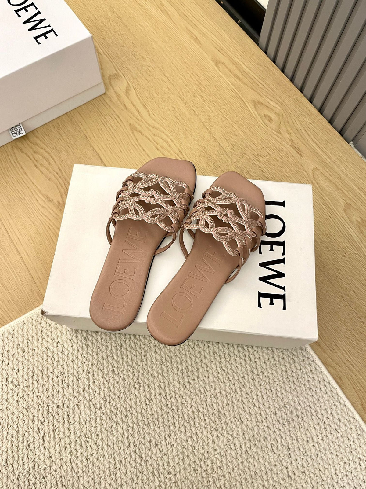 Loewe Petal Anagram Rhinestone Slides Light Brown Leather 723134