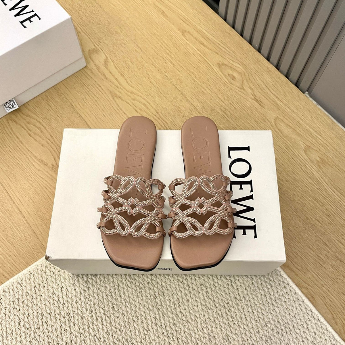 Loewe Petal Anagram Rhinestone Slides Light Brown Leather 723134