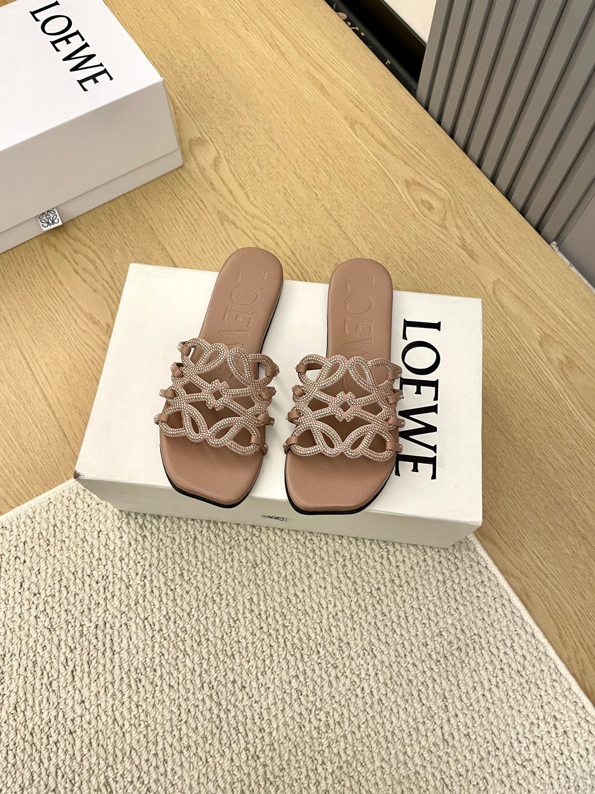 Loewe Petal Anagram Rhinestone Slides Light Brown Leather 723134
